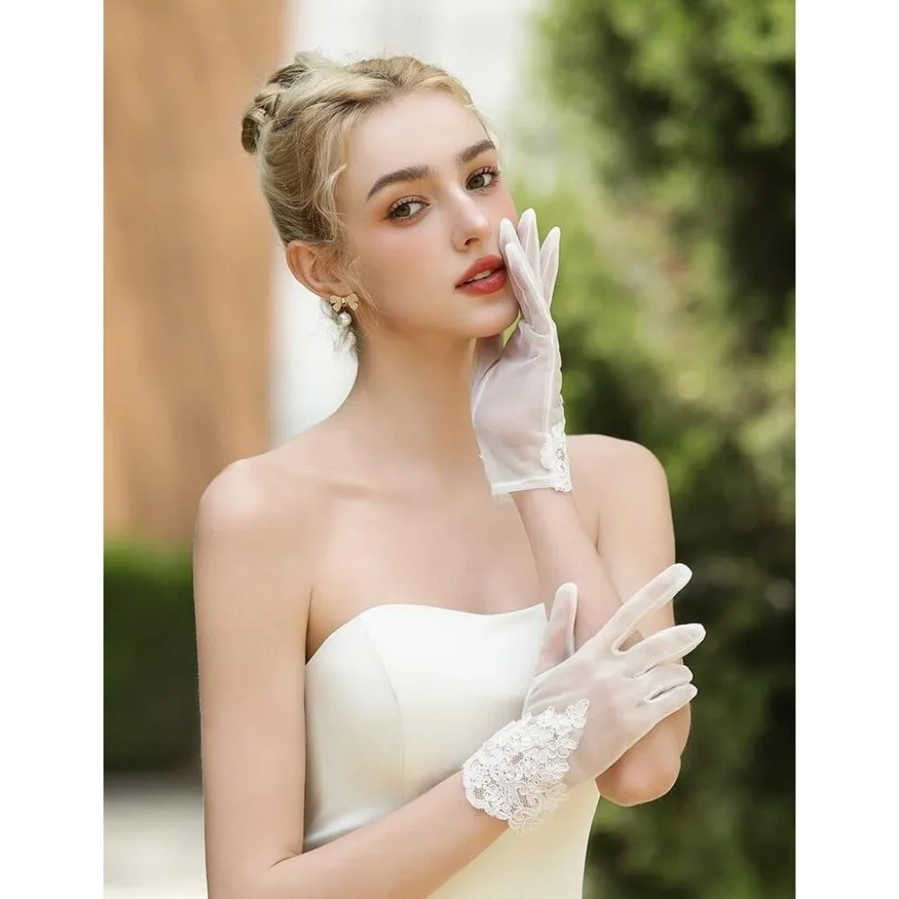 Women's Lvory-5 Short Pearls Lace Border Mesh Gloves Wedding Formal Party Prom